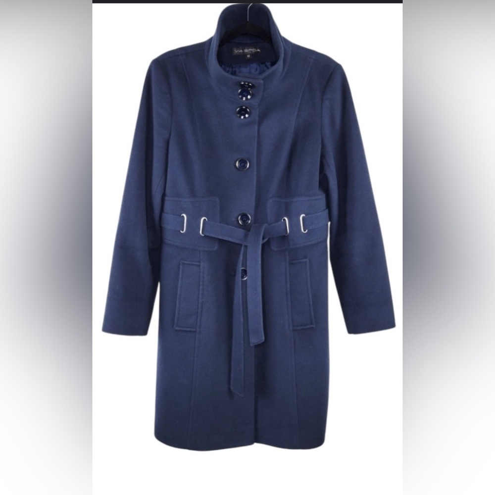 Via Spiga Women's Size 8 Navy Blue Felted 100% Wool Button-Up Belted Coat S